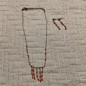 Vintage Type Ladies Red/orange Dangle Necklace And Earrings Matching Set